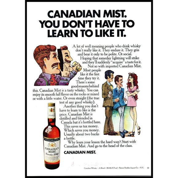 1970 Canadian Mist Whisky Vintage Print Ad Cartoon Drawing Men at Bar Wall Art - Picture 1 of 1